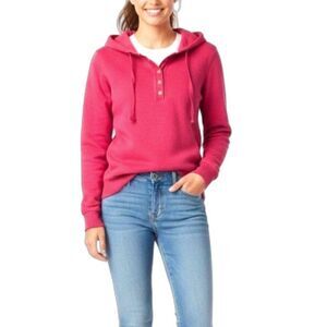 Eddie Bauer Women's Cherry Red Button Henley Neck LS hooded Sweatshirt Size L